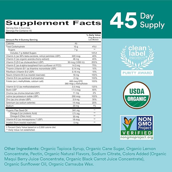 SMARTYPANTS ORGANIC PRENATAL VITAMINS FOR WOMEN, MULTIVITAMIN GUMMIES: BIOTIN, METHYLFOLATE, OMEGA 3 (ALA), VITAMIN D3, C, VITAMIN B12, B6, A, K2 & ZINC, CHOLINE, VEGETARIAN, 180 COUNT (45 DAY SUPPLY)