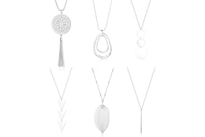 FINREZIO 6PCS Long Pendant Necklace Set Tassel Pendant Simple Bar Necklace Strands for Women