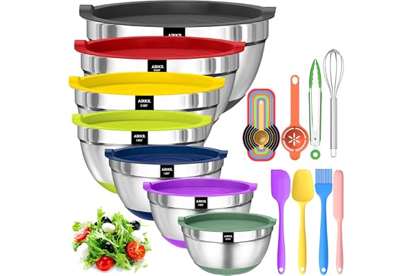 Mixing Bowls with Airtight Lids, 20 Piece Stainless Steel Metal Nesting Bowls, AIKKIL Non-Slip Silicone Bottom, Size 7, 3.5,