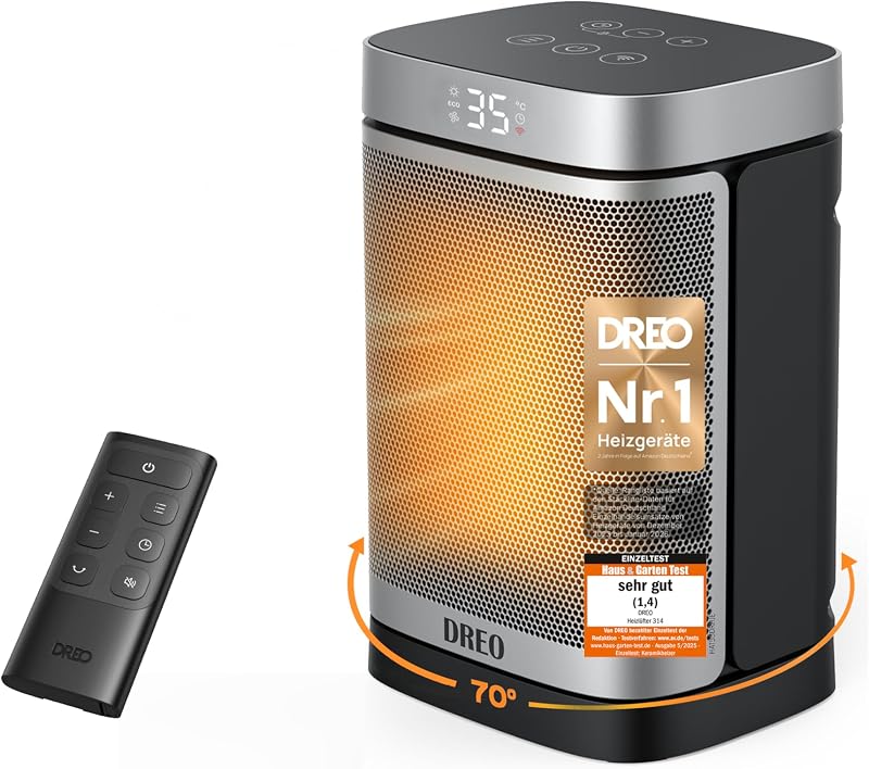 Heizlüfter Energiesparend Klein, 1500W Heizung Elektrisch mit Thermostat, 70° Oszillierend Elektroheizung, PTC Keramik Heizlüfter Leise, ECO-Modus, 12-Std-Timer, Überhitzungs- & Kippschutz
