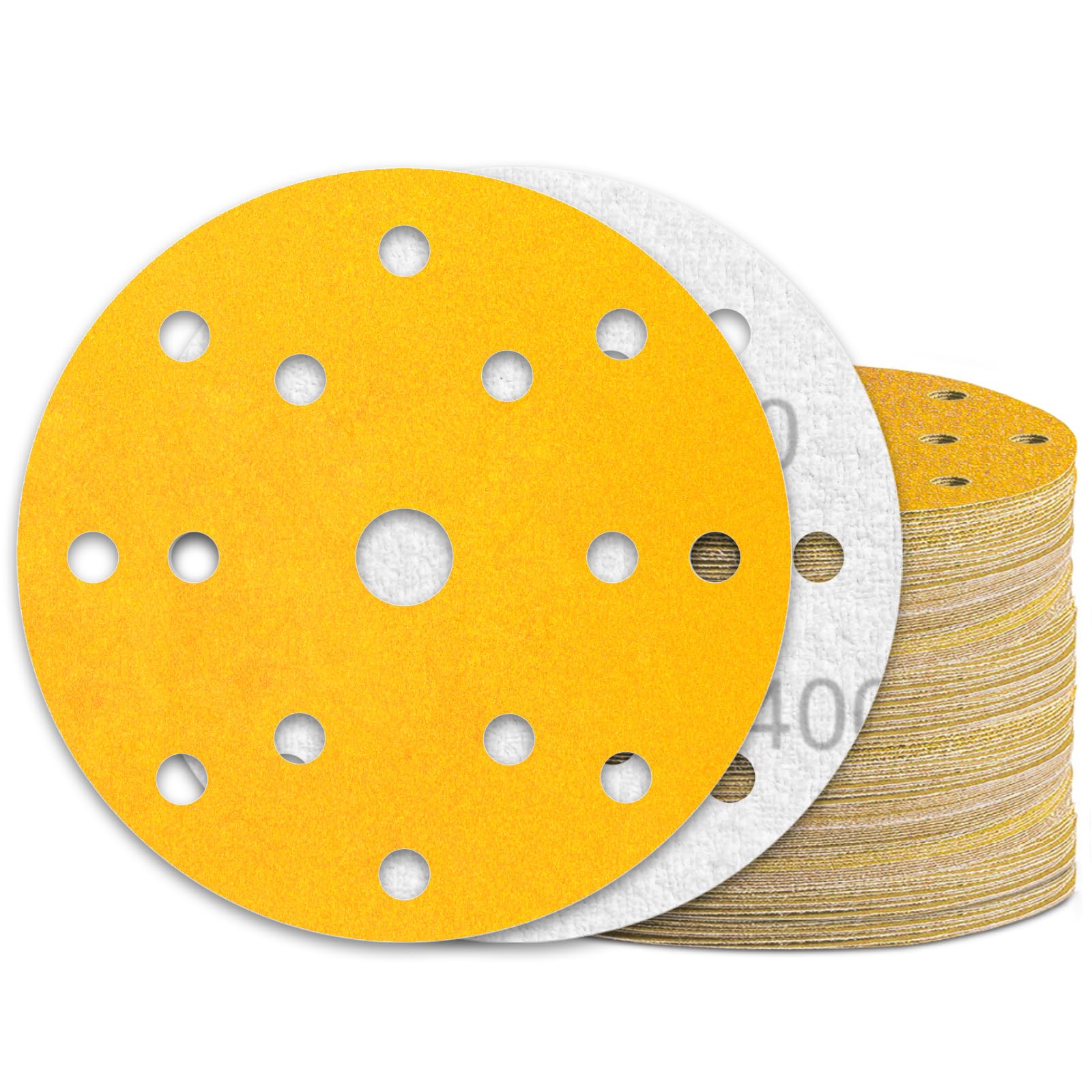 KONGMING 60 Pcs 150mm Sanding Discs Grit 400 Hook and Loop 15 Hole for Random Orbital Sander