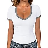 Sampeel Short Sleeve Shirts for Women V Neck Summer Ribbed Tshirts 2026 Slim Fit Spring Fashion Going Out Basic Tees