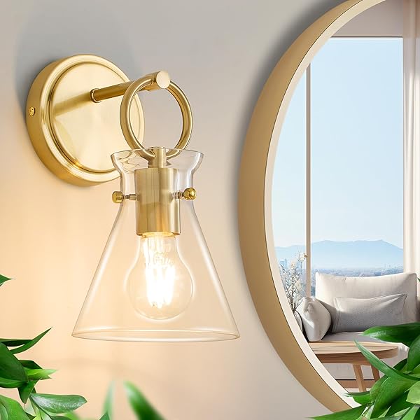 GOLD WALL SCONCE 1-LIGHT HARDWIRED WALL MOUNT MODERN FARMHOUSE VANITY LIGHT FIXTURES WITH 6 INCH CLEAR GLASS SHADE, WALL LIGHTS FOR BATHROOM, BEDROOM, LIVING ROOM, MIRROR, KITCHEN, LIGHTING LAMP