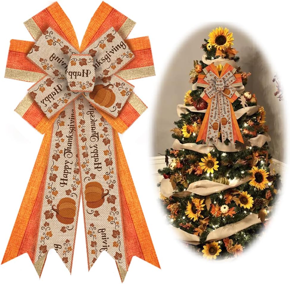 Bows & Ribbons - Large Fall Bows for Wreath, Thanksgiving Pumpkin Wreath Bows Orange Stripe Maple Leaf Bows for Front Door, Farmhouse Ornament Burlap Tree Topper Bows for Autumn Harvest Indoor Outdoor Decoration