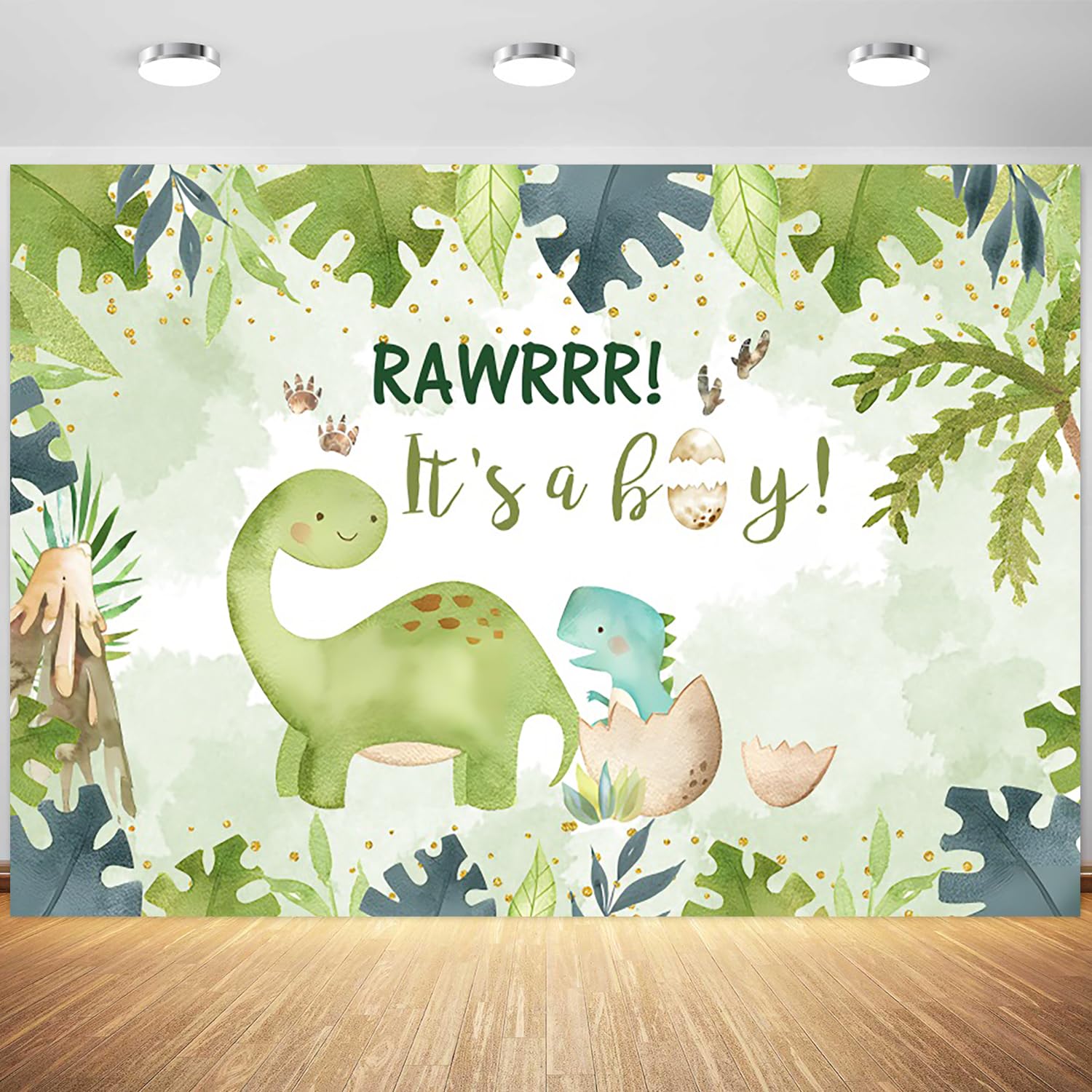Photo 1 of 7x5ft Dinosaur Baby Shower Backdrop It’s a Boy Tropical Jungle Theme Photography Background for Boy Gender Reveal Party Banner Decorations Supplies Photo Booth Props