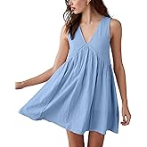 Aimiray Women's Casual Sleeveless Sundress V Neck Backless Pleated Mini Dress Loose Tank Dress with Pockets