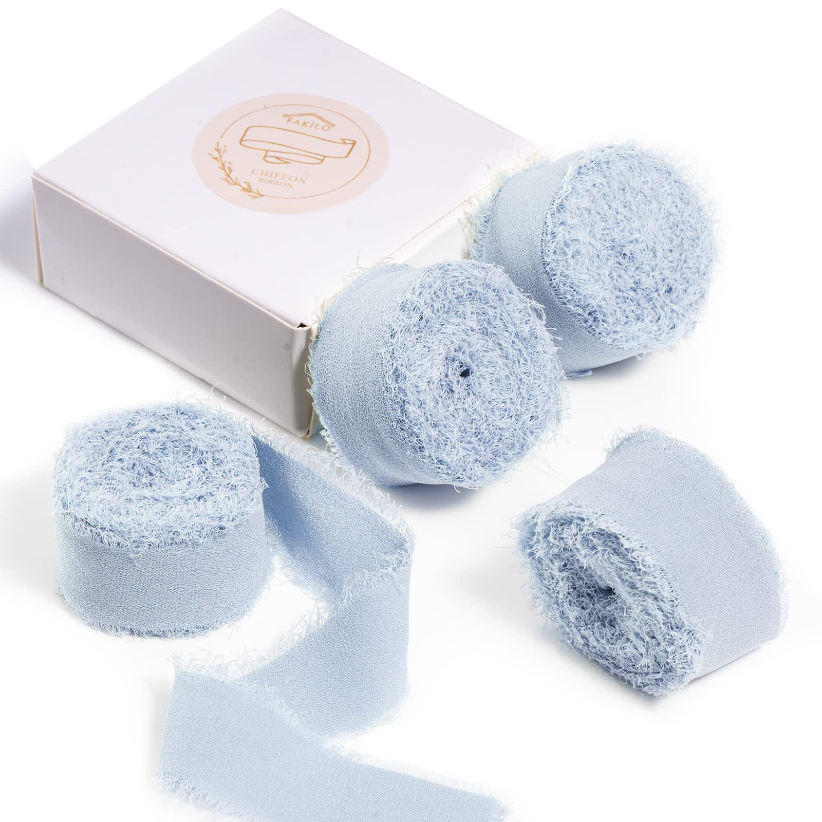 FAKILO Handmade Fringe Chiffon Ribbon 4 Rolls 1'' X 5 Yd Light Blue, 20 Yd Chiffon Silk Ribbon for Wedding Invitations, Bridal Bouquets, Gifts Wrapping, DIY Crafts — image 1