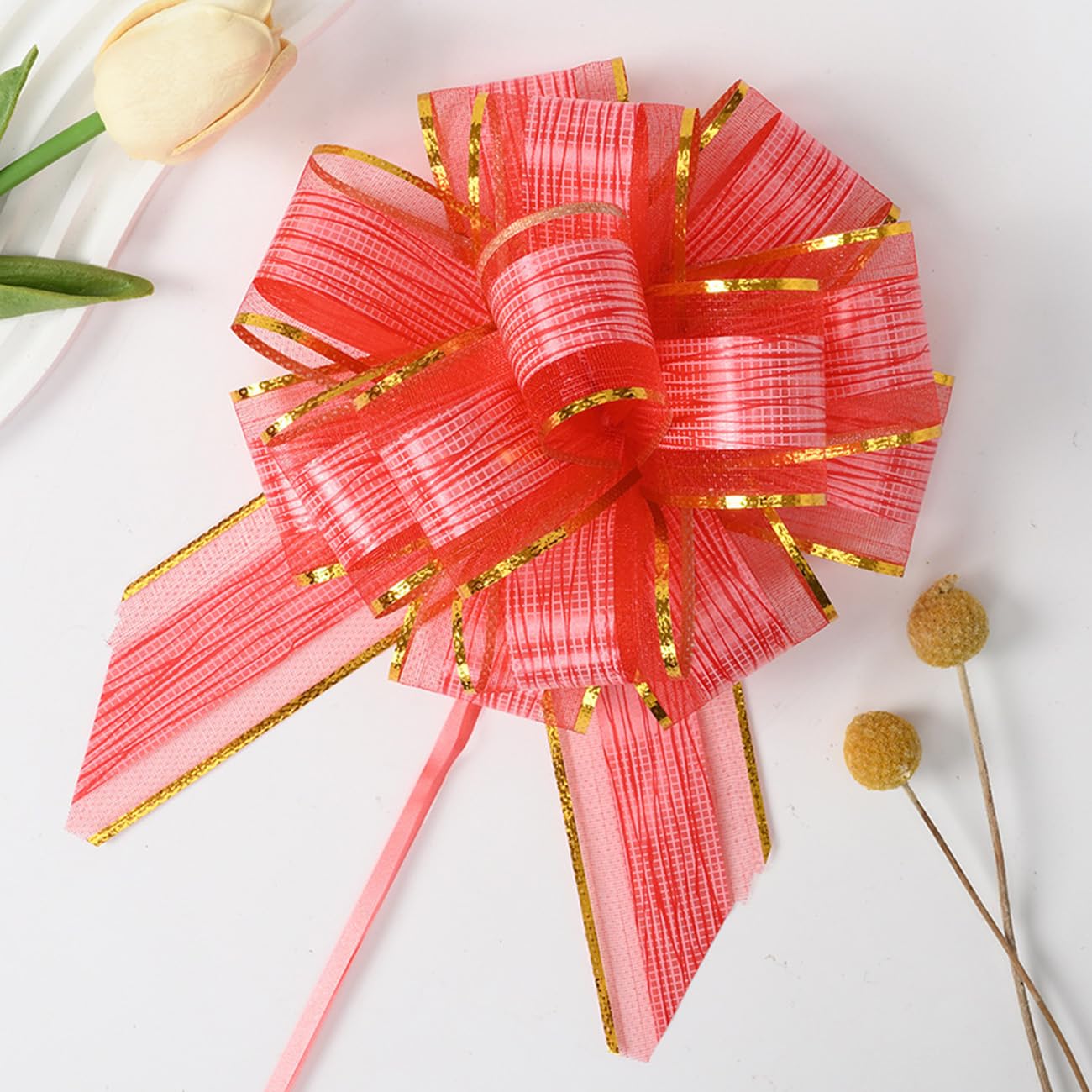 Ainmto 10Pcs Large Pull Bows(6 Inch),Red Organza Pull Bows for Gift Wrapping,Party Decorations,Wedding Cars,Baskets