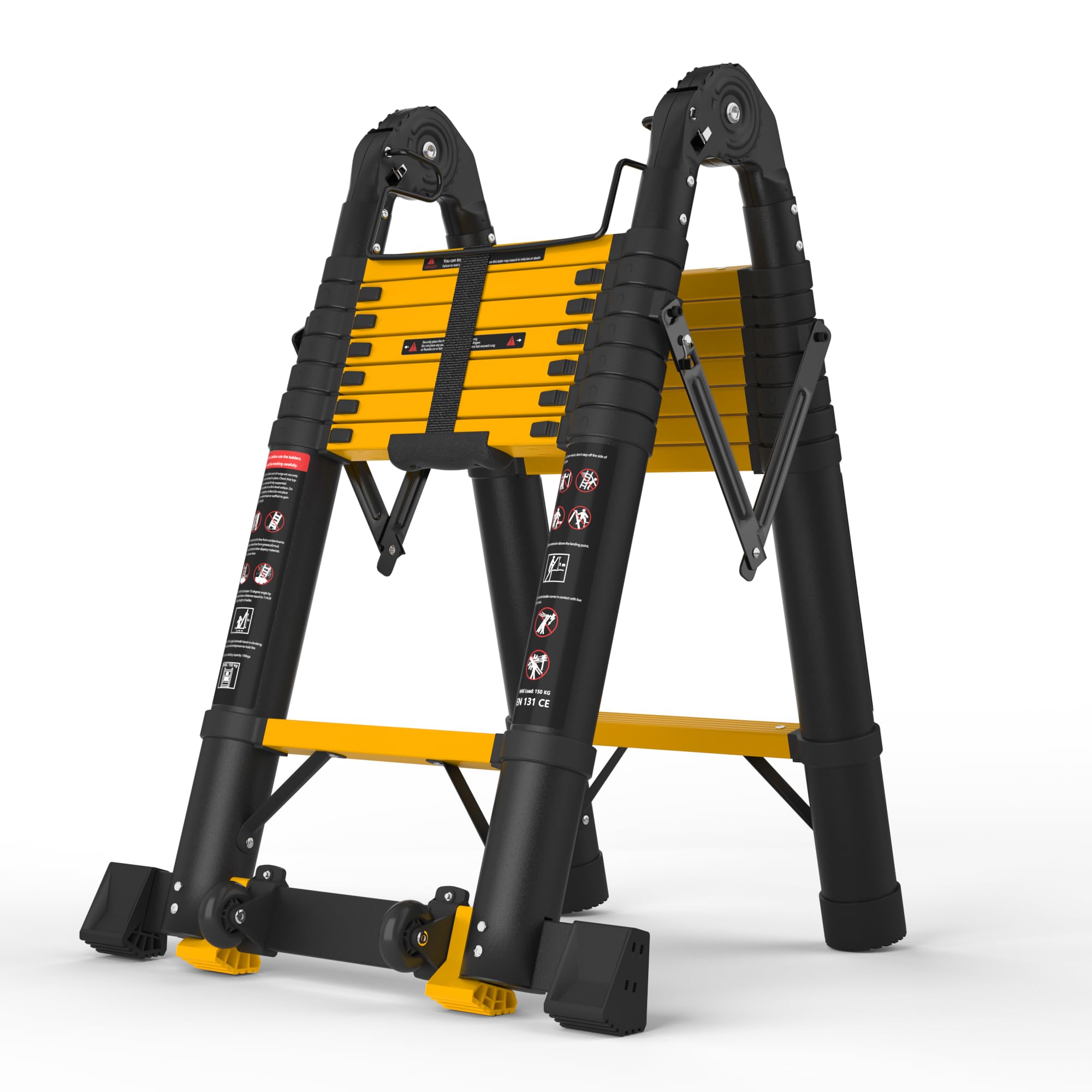 Photo 1 of **SELLING For parts AS PARTIAL SET. ONE SIDE BRACKET LOOSE/BROKEN**SINMEIRUN 16.5 FT Telescoping A Frame Ladder, 8 Step, ANSI Certified, Type I Heavy Duty, 330lbs Max Capacity, Aluminum Extension Ladder for Home, Roof, RV; Yellow