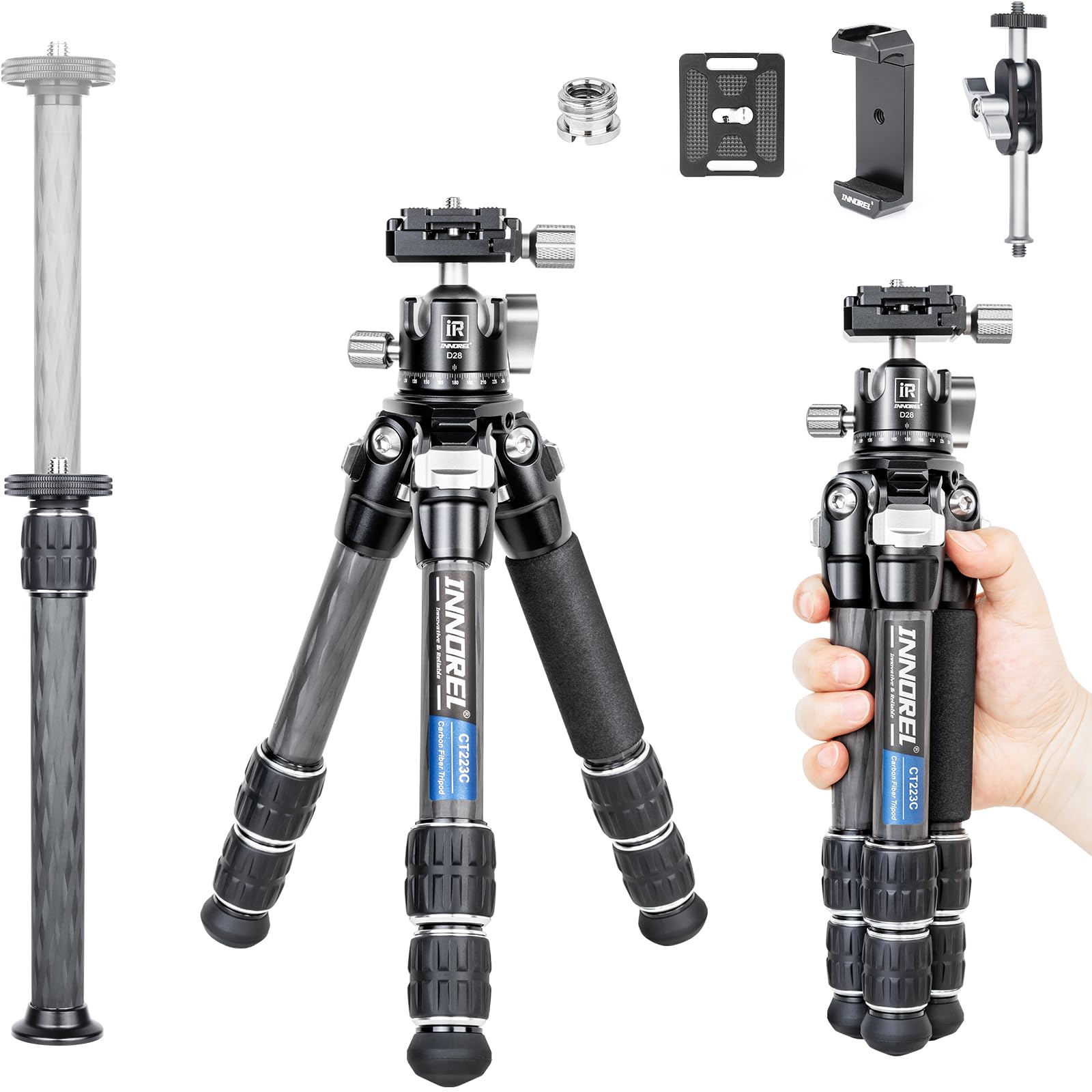 INNOREL CT223C+D28 10-Layer Carbon Fiber Mini Tripod with 28mm Ball Head, Portable for DSLR, DV, Smartphone
