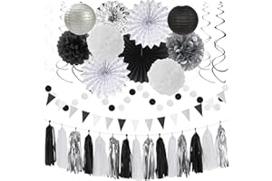 Black White-Silver Party-Decorations - 33pcs Kits Banner,Graduation Streamer Tassel Garland,Tissue Pom Poms Honeycomb,Paper Lantern Fans,Birthday Wedding Baby Bridal Shower New Years Decor Hugtmr