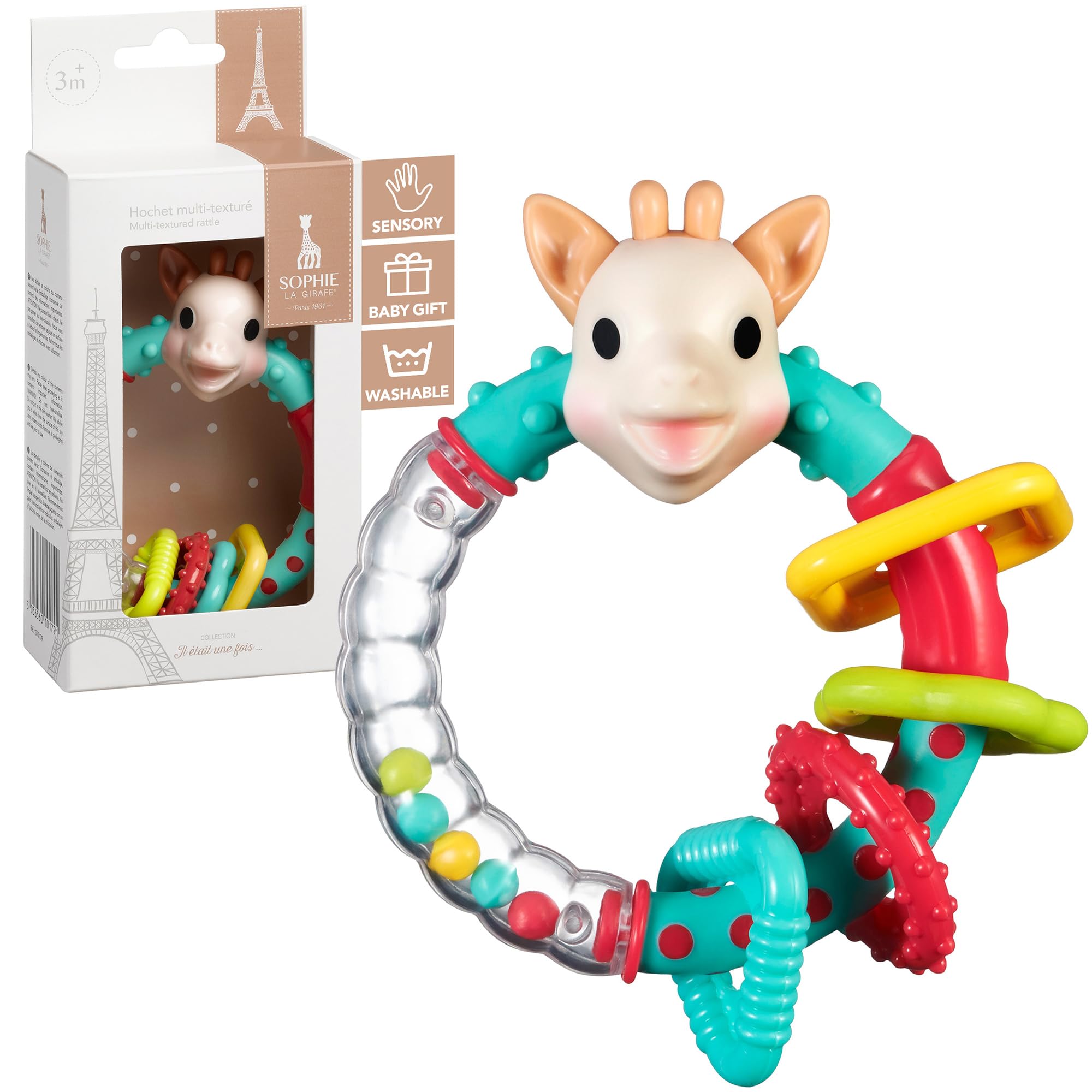 Sophie la Girafe 2-in-1 Multi-Textured Baby Rattle and Teething Toy, Easy to Grip Baby Sensory Teething Ring Toy, Suitable for 3 Months+