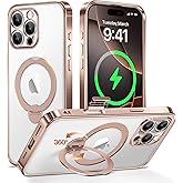 Desert Titanium for iPhone 16 Pro Max Case With 360° Spin Magnetic Stand,[Compatible With Magsafe] [Military Protection][Built-in Ring Holder]Camera Control Phone Case for 16 Pro Max,Rose Gold/Clear