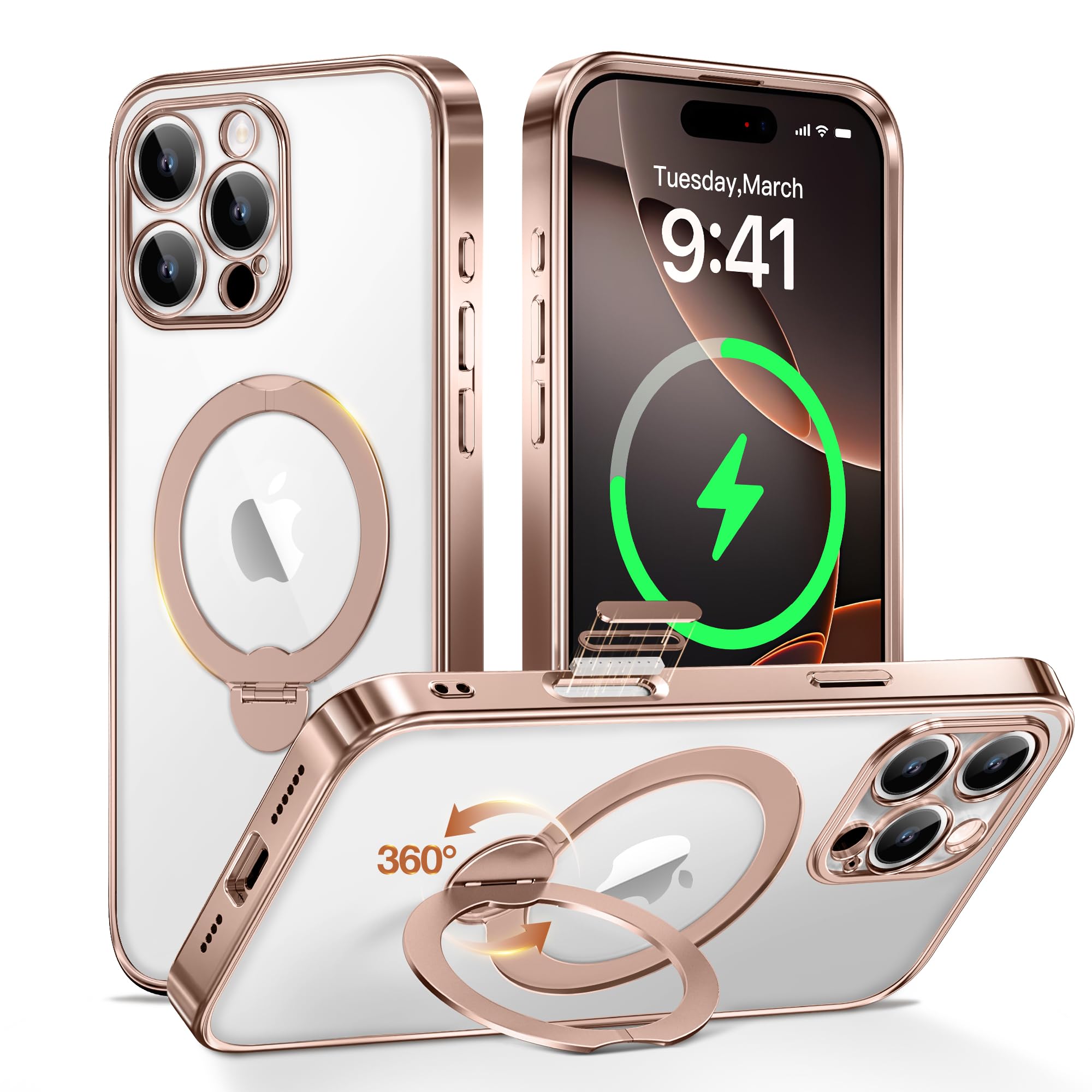 Desert Titanium for iPhone 16 Pro Case With 360° Spin Magnetic Stand,[Compatible With Magsafe] [Military Protection][Built-in Ring Holder]Camera Control Phone Case for 16 Pro,Rose Gold/Clear