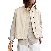 Watashi Women's Stand Collar Cotton Vest Casual Button Up Oversized Sleeveless Waistcoat for Fall Spring Layering Cardigan