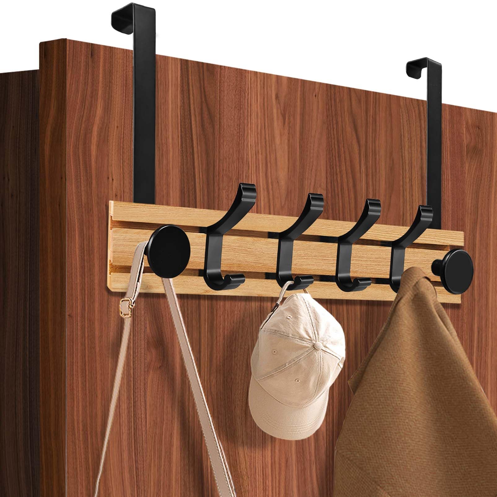Door Hook for Hanging, Wooden Door Coat Rack with 6 Hooks, Door Hook Inside, No Drilling of Clothes, Towels and Hats, Coat Hook Door for Bathroom, Hallway, Bedroom (up to 2 cm Door Thickness)