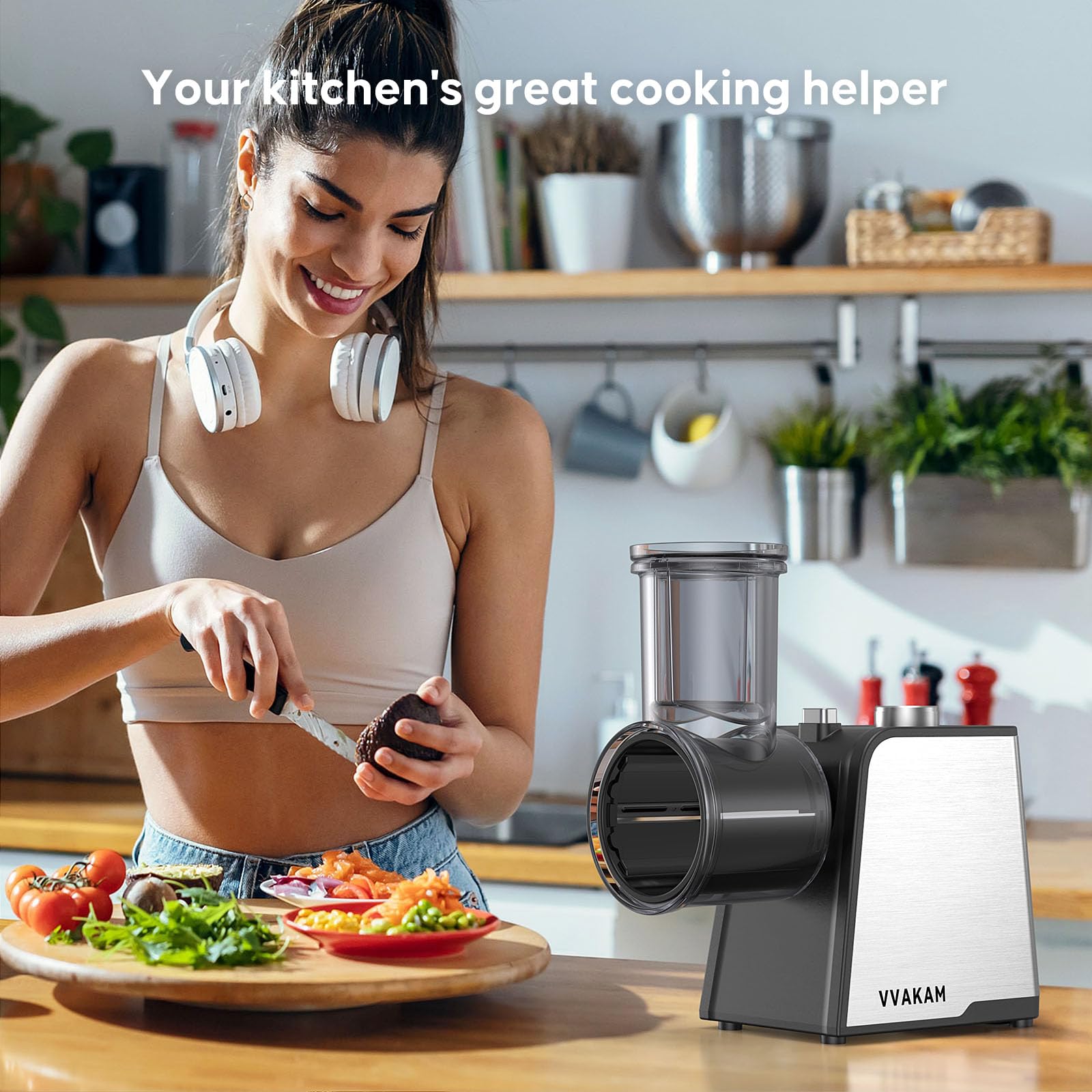 5-In-1 Electric Cheese Grater,300W Salad Maker,Electric Grater for Block Cheese,Kitchen Electric Food Slicer Shredder,Chopper for Vegetables Cucumber Carrots Cabbage Nuts(Black)