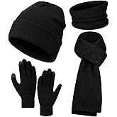 ShinyMatch 4 Pcs Winter Warm Beanie Hat Scarf Gloves Neck Gaiter Set, Knit Hat Gloves Warmer Long Scarf for Men, Women