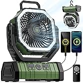VOSFEEL Camping Fan - 20000mAh Battery Powered Fan Rechargeable with LED Lantern - Portable Outdoor Tent Fans with Hanging Hook 4 Speeds Wind Remote Control, Green