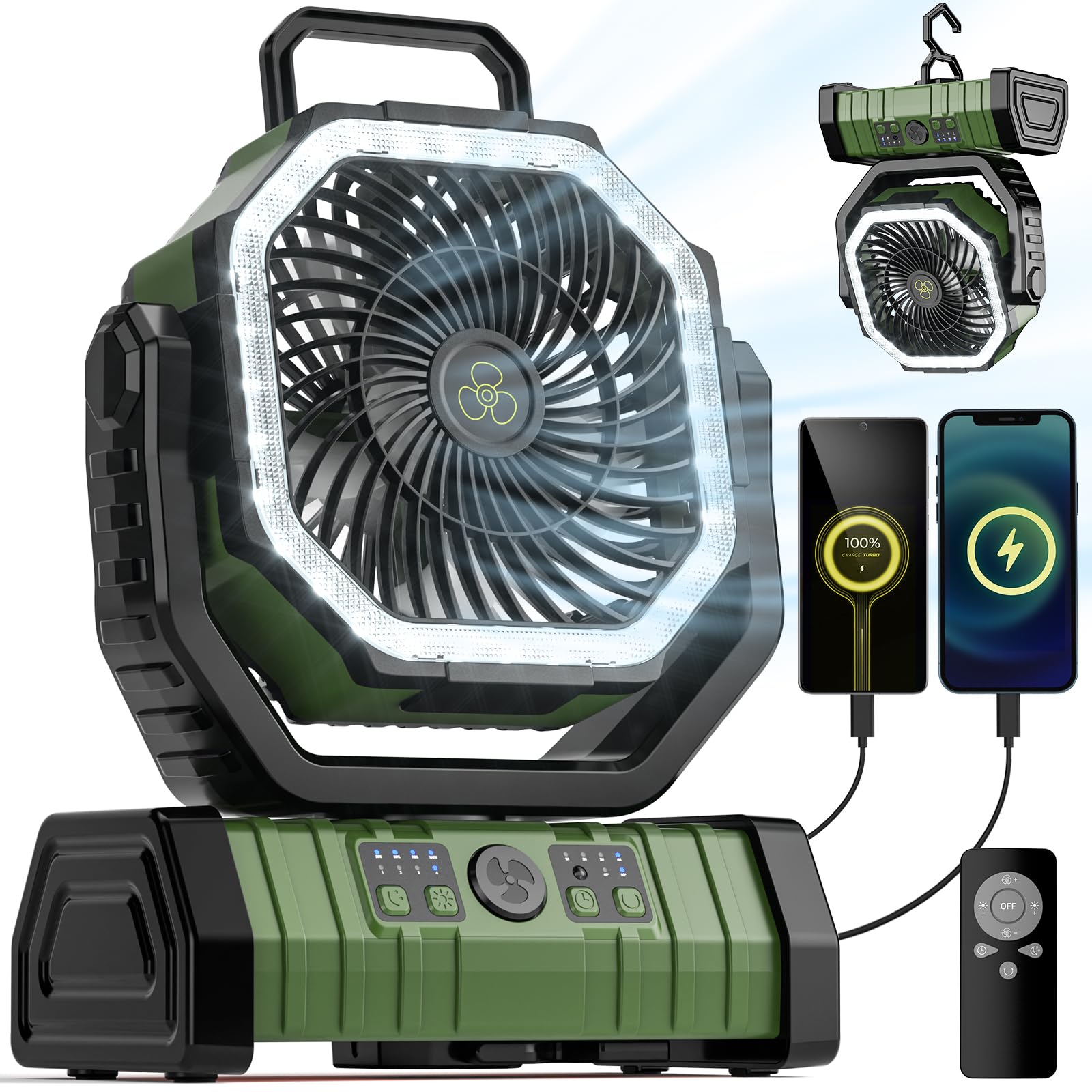 Photo 1 of VOSFEEL Camping Fan - 20000mAh Battery Powered Fan Rechargeable with LED Lantern - Portable Outdoor Tent Fan with Hanging Hook 4 Speeds Wind Remote Control