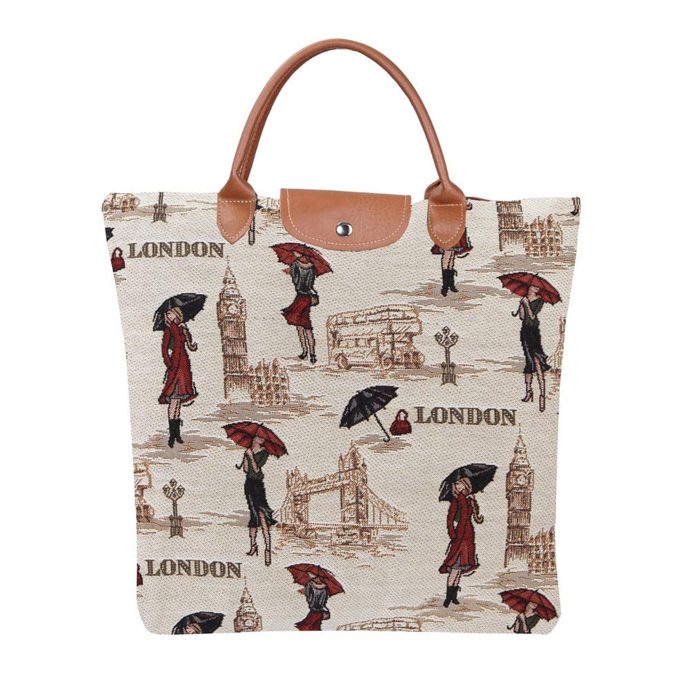 Signare Tapestry Foldable Tote Bag Reusable Shopping Bag Grocery Bag with London Design (Miss London, FDAW-MSLN)