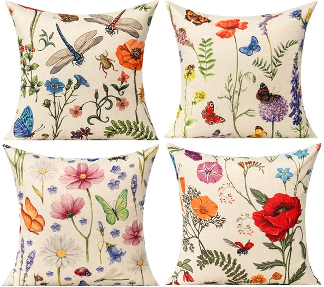 Photo 1 of All Smiles Outdoor Patio Throw Pillow Covers 22x22 Set of 4 Summer Spring Garden Flowers Farmhouse Décor Outside Furniture Bench Chair Decorative Cushion Cases for Bed Couch Sofa