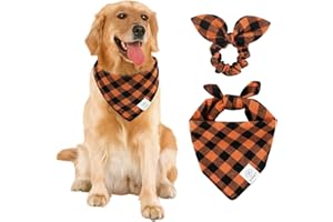 E-Clover Fall Dog Bandana & Matching Scrunchie-Thanksgiving Dog Bandanas Plaid Pet Scarf Bib for Medium Large Dogs Girl Boy Owner Gift Orange Black