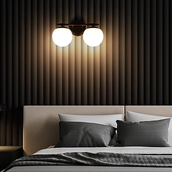NTSUNXEKO BLACK BATHROOM VANITY LIGHT FIXTURES, 2 LIGHT GLOBE WALL SCONCE LIGHTING OVER MIRROR, MODERN VANITY LIGHTS FOR BATHROOM, MIRROR CABINETS HALLWAY STAIRS, STANDARD E26 BASE, MATTE BLACK
