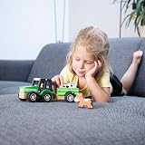 Woet Wooden Toy Tractor with Trailer Green Farm Play Vehicle with 2 Animals view 2