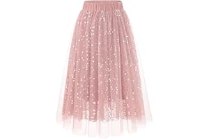 DRESSTELLS Sequin Midi Tulle Skirts for Women, Aline Elastic High Waist Long Christmas Party Skirt with Lining