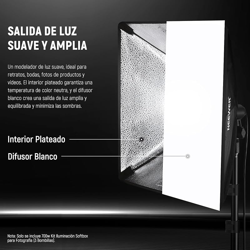 Kit de Iluminación Continua de Caja de Luz Equivalente a 700W, 3 Bombillas de LED de 5700K, 60x60cm Softbox con Enchufe E27, Photography Softbox Lighting Kit para Equipo de Estudio Fotográfico