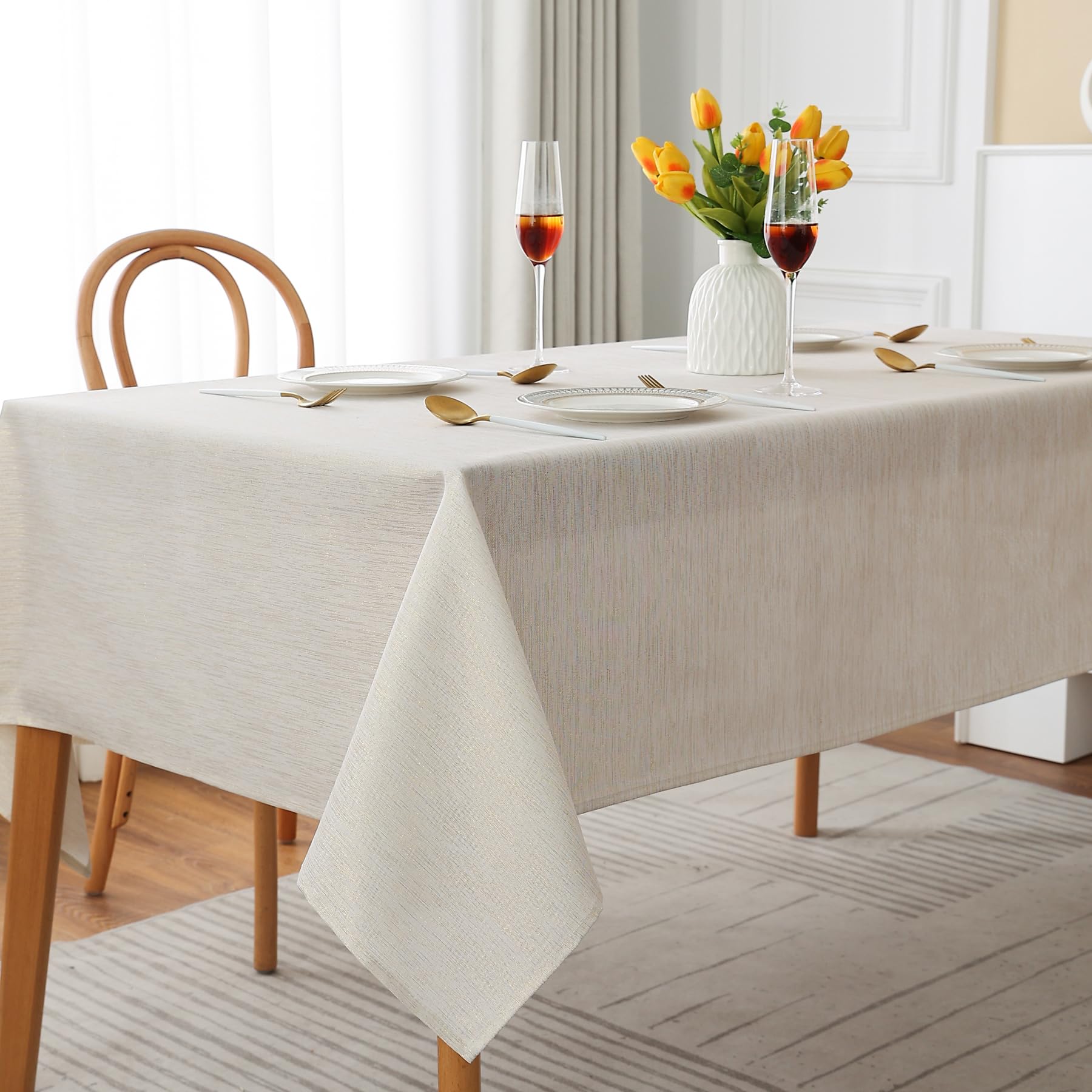 Table Cloth Decorative Prestige Glitter Rectangle Dining Table Cover for Kitchen Picnic Parties Machine Washable (Cream, 70" Round)
