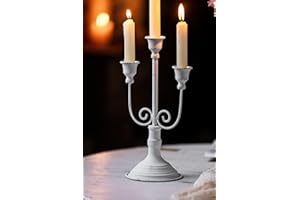 SOFE Antique 3 Arm Candelabra 12 Inch Tall White Metal Candelabra Centerpieces for Tables, Handmade Shabby Chic Candle Holder Decor, Farmhouse Tapered Candlestick Holders for Wedding Party Home