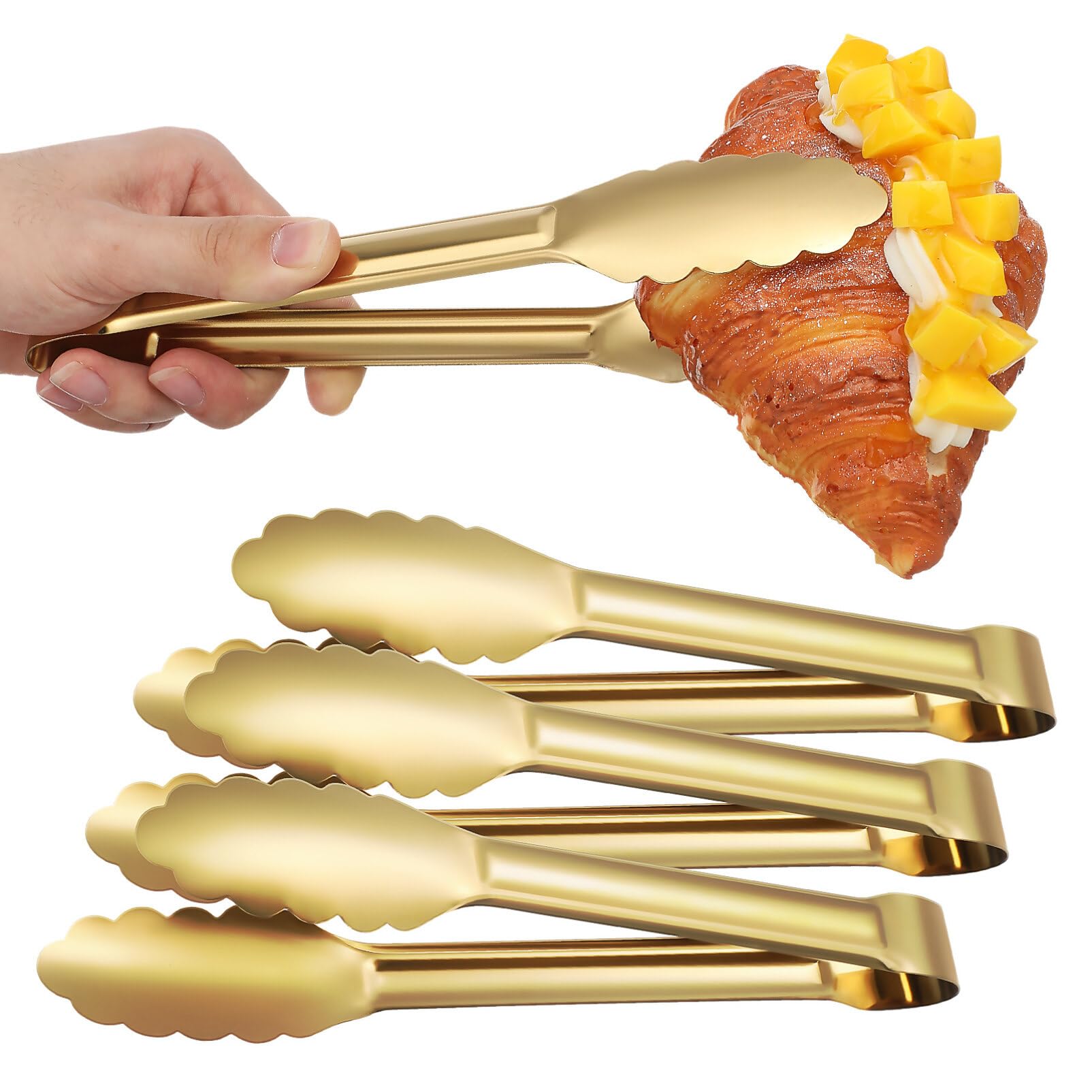 Cabilock 4-Pack Gold Serving Tongs – 9 Inch Stainless Steel Flower-Head Food Tongs for Afternoon Tea, Salad & Buffets, Elegant Metal Starters & BBQ Grippers for Wedding Hosting (Golden)