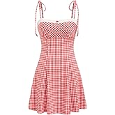 CIDER Womens Summer Gingham Dress Plaid Tie Spaghetti Strap Sleeveless Lace Trim Cute A Line Casual Mini Dresses Sundress
