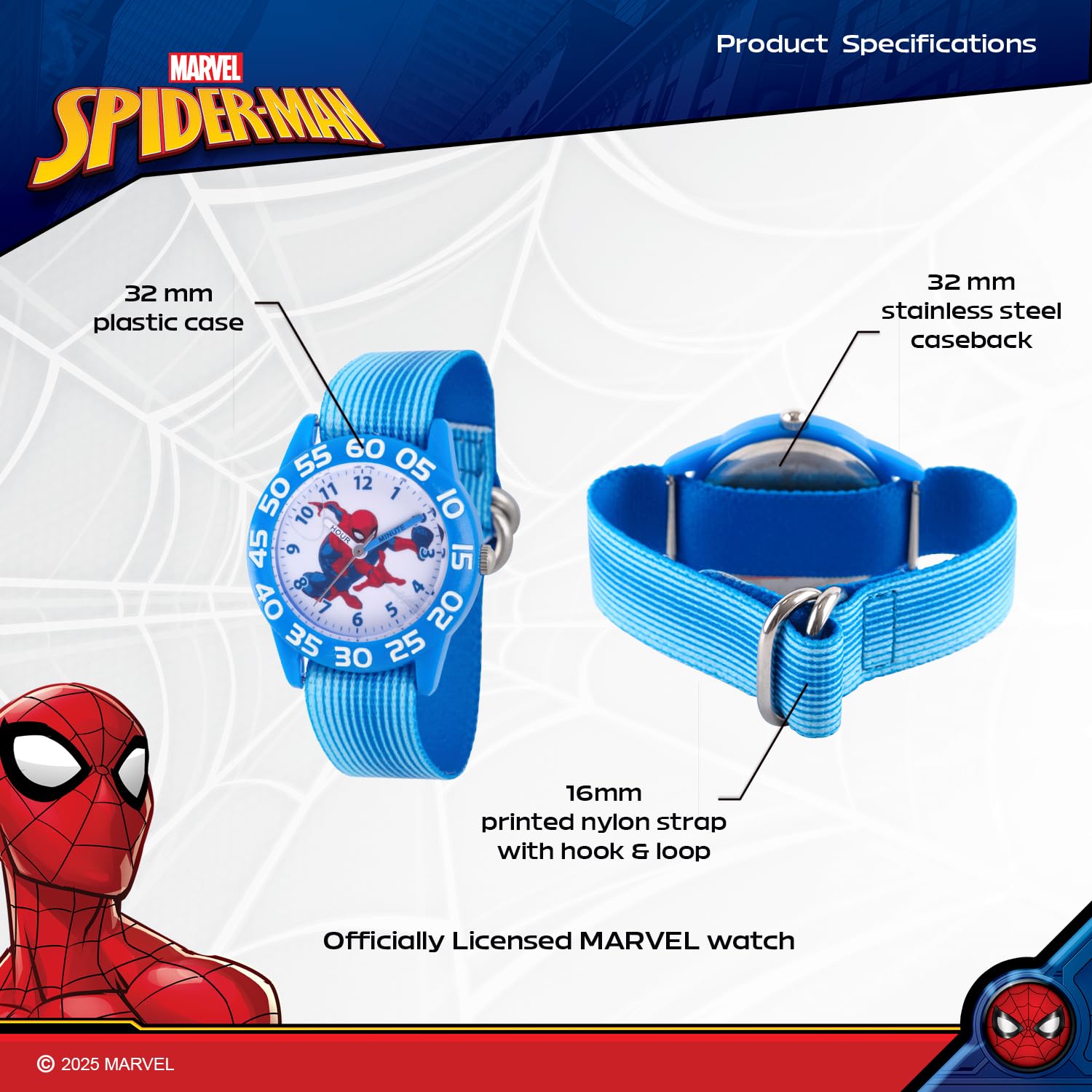 Marvel Spiderman Watch for Kids - Spiderman Watch Boys - Spider-Man Watches for Boys 4-6 - Toys - Kids - Marvel Toddler - Silver Case - 3D Silicone Plastic Strap