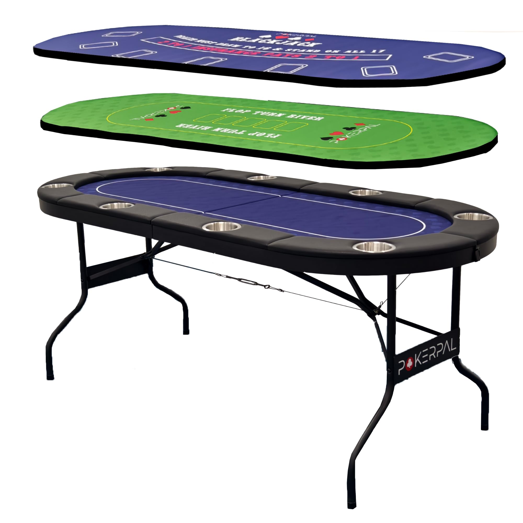 Photo 1 of POKERPAL 8 Player Poker Table with 2 Interchangeable Game mats, Texas Holdem Poker and Blackjack, Collapsible Casino Table with Padded Rails and XXL Cup Holders for Wine and Whiskey Glasses, (71 in)