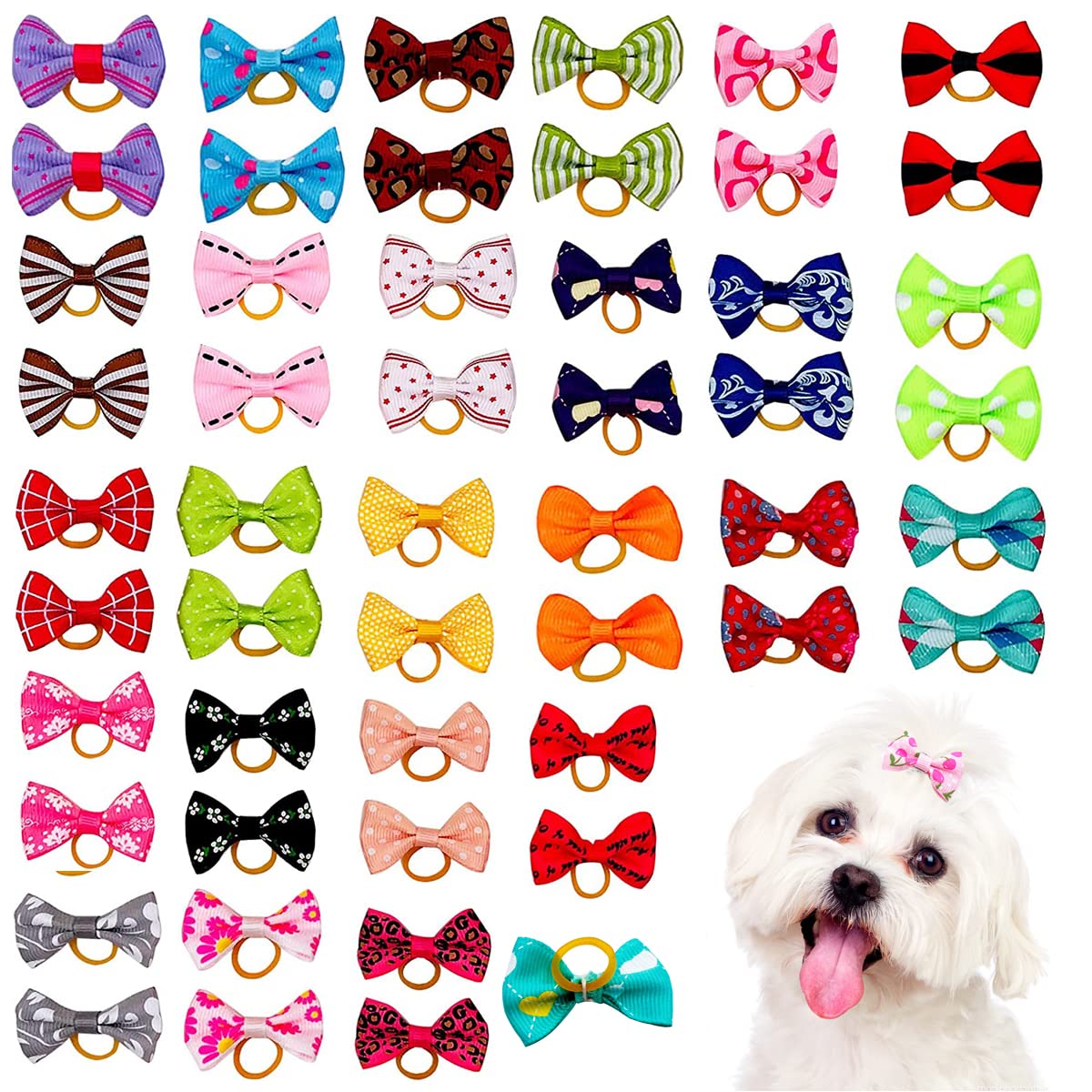 BIPY 25pairs/Pack Dog Hair Bows with Rubber Bands for Small Dogs Cats Puppy Doggies Kitten Valentine's Day Wedding Festival Pet Yorkie Alpaca Topknot Attachment Grooming Accessories Random Color