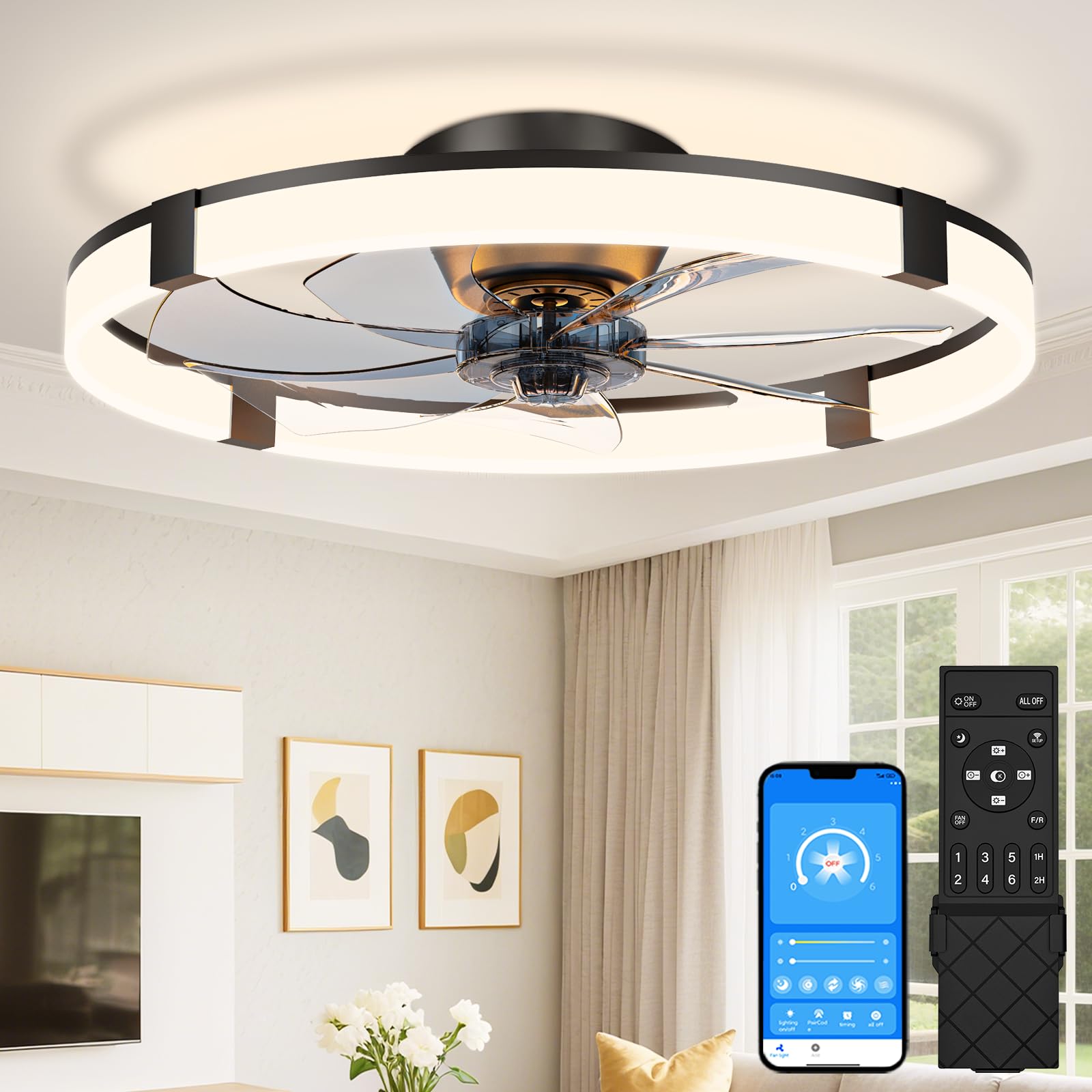 Photo 1 of VOLISUN Low Profile Ceiling Fans with Lights and Remote, 23.6in Flush Mount Ceiling Fans with Light, 3000K-6500K Dimmable Fandelier Ceiling Fan, Black Bladeless Ceiling Fan for Bedroom