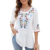 St.Lareina Women's Embroidered Tops 3/4 Sleeve Mexican Blouses Shirts Round Neck Dressy Tunics Peasant Tops Loose Fit