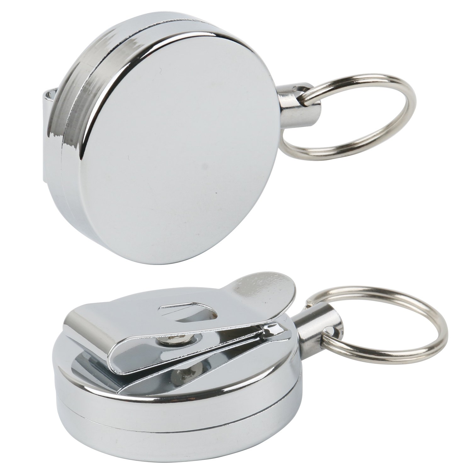TRIXES Pack of 2 Retractable Round Key Ring Belt Clip for Keys and ID Passes - Silver Chrome - 2.5cm Split Ring Keychains 60cm Extendable Nylon Cord