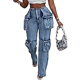 Vakkest Denim Cargo Jeans for Women High Waisted Loose Baggy Straight Wide Leg Stretch Pants Y2K Streetwear with Flap Pockets