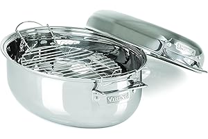 Viking 3-Ply Oval Roasting Pan, 8.5 Quart, Stainless Steel Kitchen Cookware with Metal Induction Lid and Rack, Great for Turkey, Dishwasher and Oven Safe, Silver