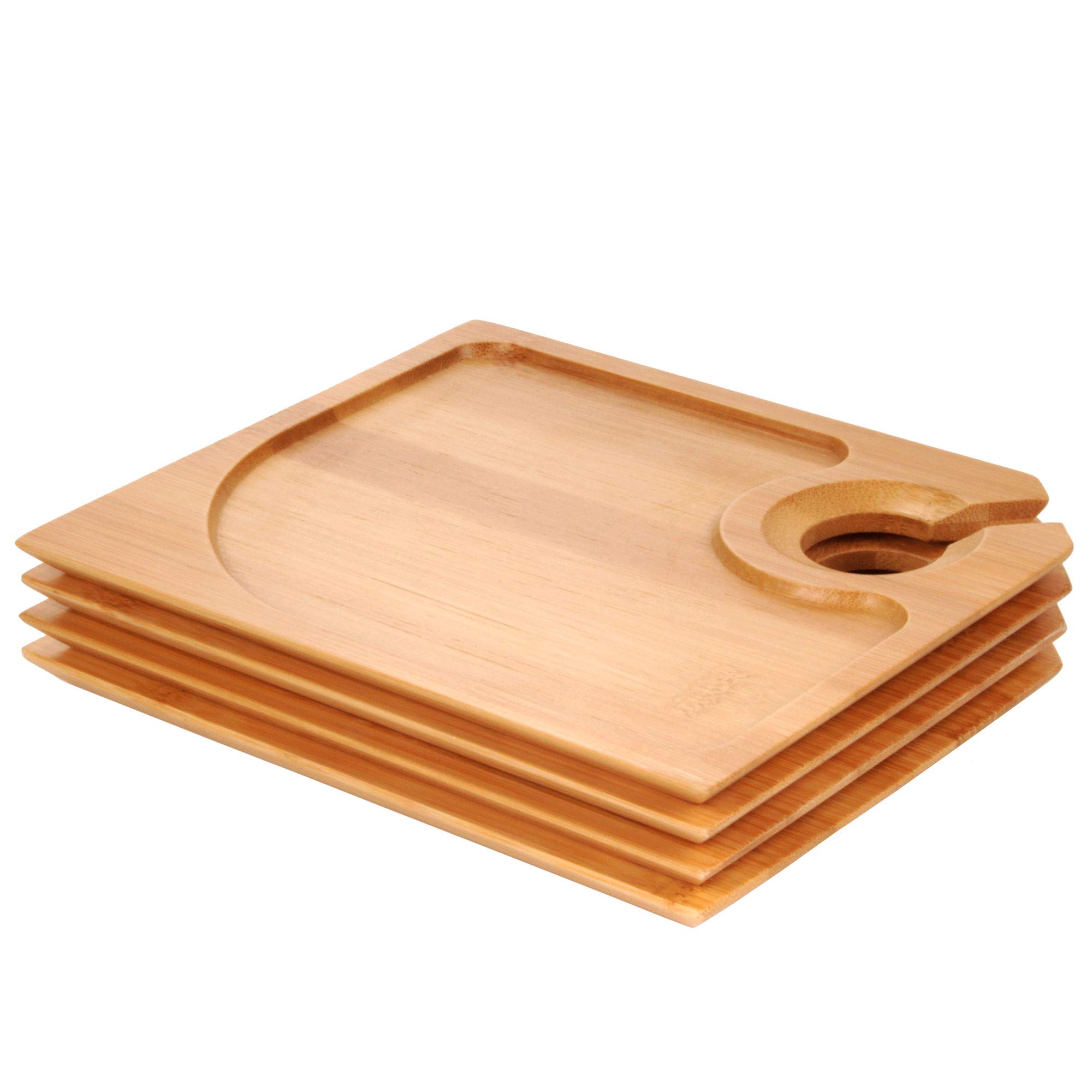 BambooMN 7" x 5.9" Bamboo Cocktail Appetiser Plates with Wine Glass Holder, 10 Pieces