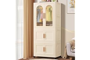 BUMODEL Portable Kids Closet Children's Wardrobe Collapsible Plastic Baby Clothes Large Cabinet Bedroom Nursery Armoire Quick Install Toddler Dresser with Hanging Rod and Door,White