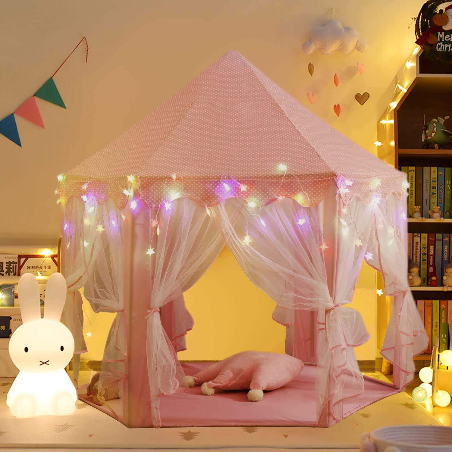 Princess Tent Girls Large Playhouse Kids Castle Play Tent with Star Lights, Bonus Princess Tiara and Wand Toy for Children Indoor & Outdoor Games, 55