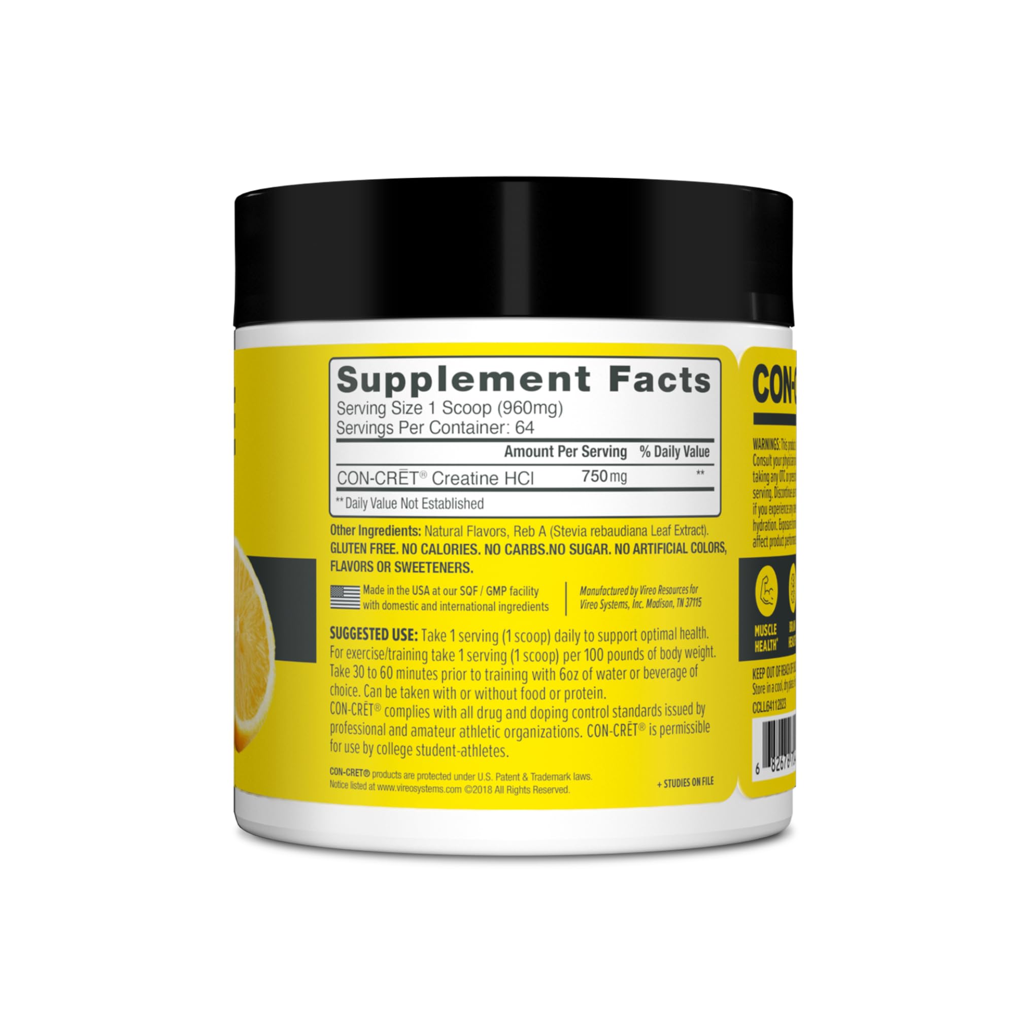 CON-CRET Creatine HCl Powder | Muscle, Cognitive, Cellular Energy Support | No Bloating or Cramps | USA Made & NSF Certified | Lemon Lime (64 Serving)