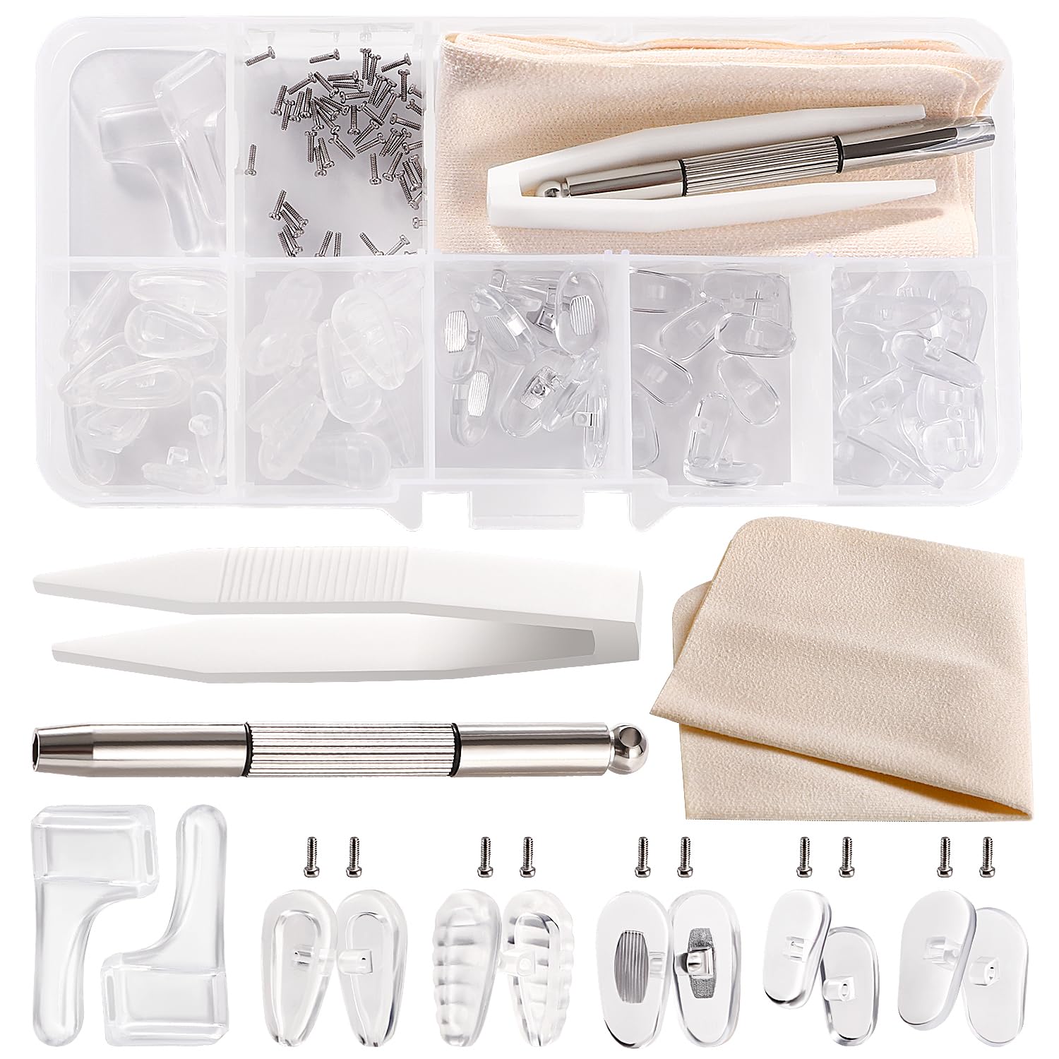 YIXISI 30 Pairs Glasses Nose Pads Kit, Eyeglass Nose Pads, Silicone Screw-in Nose Pads Glasses Repair Kit, with Screws Screwdriver Tweezers Cleaning Cloth, for Most Eyeglasses, No. 13