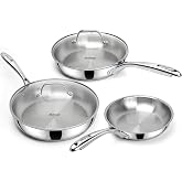 MICHELANGELO Stainless Steel Frying Pan Set with Lids, 8, 10 &amp; 12 Inch | 5-Piece Skillet Set with Tri-Ply Base, Induction Compatible, Pans Oven Safe to 600&deg;F