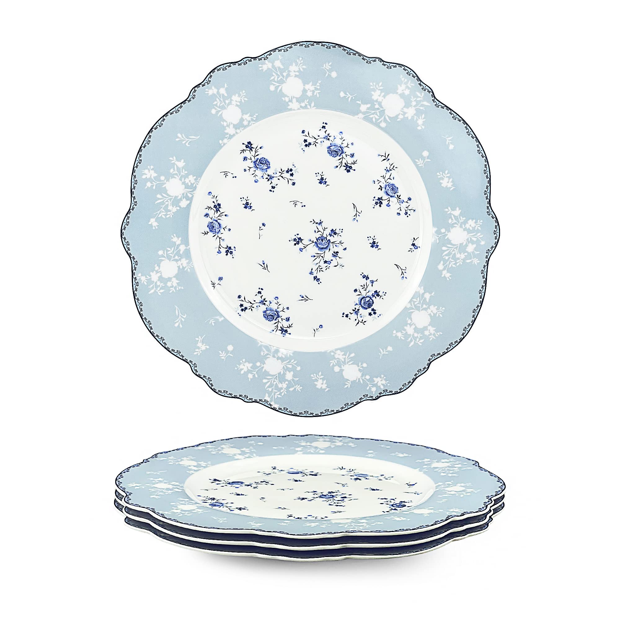 fanquare 27.5cm Porcelain Blue and White Dinner Plates Set of 4, Spring Floral Patterned Dinner Set, Vintage Tableware for Housewarming Gifts